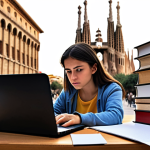 **

A determined-looking person studying amidst a mountain of books and papers, a laptop glowing in front of them.  The background shows iconic Spanish landmarks like the Puerta del Sol or the Sagrada Familia blurred and in the distance.  The overall mood is one of focused intensity and the challenging path of preparing for *oposiciones*.  Include a subtle "¡Ánimo!" (Cheer up!) message somewhere in the composition, perhaps on a sticky note. Style: Realistic but slightly stylized.

**