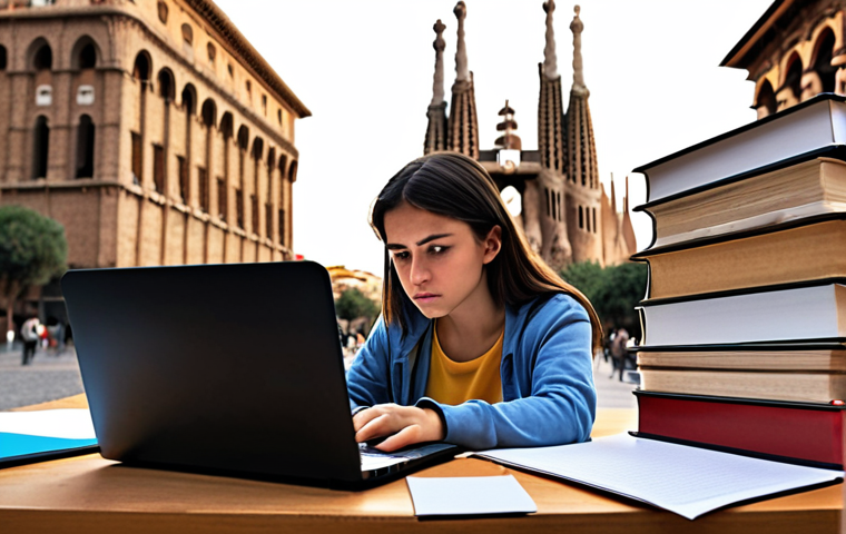 **
A determined-looking person studying amidst a mountain of books and papers, a laptop glowing in front of them. The background shows iconic Spanish landmarks like the Puerta del Sol or the Sagrada Familia blurred and in the distance. The overall mood is one of focused intensity and the challenging path of preparing for *oposiciones*. Include a subtle "¡Ánimo!" (Cheer up!) message somewhere in the composition, perhaps on a sticky note. Style: Realistic but slightly stylized.
**