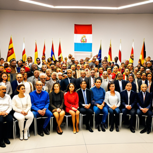 **

A diverse group of people participating in a public forum in Madrid. Government officials are listening attentively as citizens voice their opinions on social policies. The scene is bright and modern, reflecting transparency and citizen involvement. Focus on the interaction and the sense of community engagement, perhaps with Spanish flags subtly in the background.

**