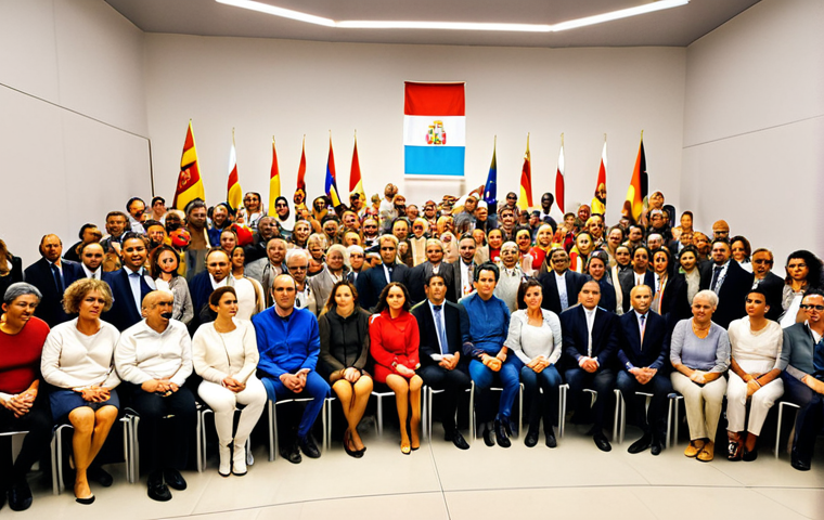 **

A diverse group of people participating in a public forum in Madrid. Government officials are listening attentively as citizens voice their opinions on social policies. The scene is bright and modern, reflecting transparency and citizen involvement. Focus on the interaction and the sense of community engagement, perhaps with Spanish flags subtly in the background.

**