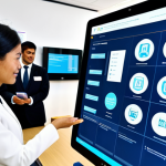 A diverse group of professional public servants, fully clothed in appropriate business attire, collaborating in a modern, brightly lit government service center. One official is demonstrating a user-friendly digital platform on a large screen to a citizen, showcasing transparency and efficient service delivery. Other officials are engaged in discussions, reviewing data on tablets, and interacting respectfully with citizens, creating an atmosphere of accessibility and innovation. The setting highlights a citizen-centric approach to public administration. perfect anatomy, correct proportions, natural pose, well-formed hands, proper finger count, natural body proportions, professional photography, high quality, safe for work, appropriate content, fully clothed, professional.