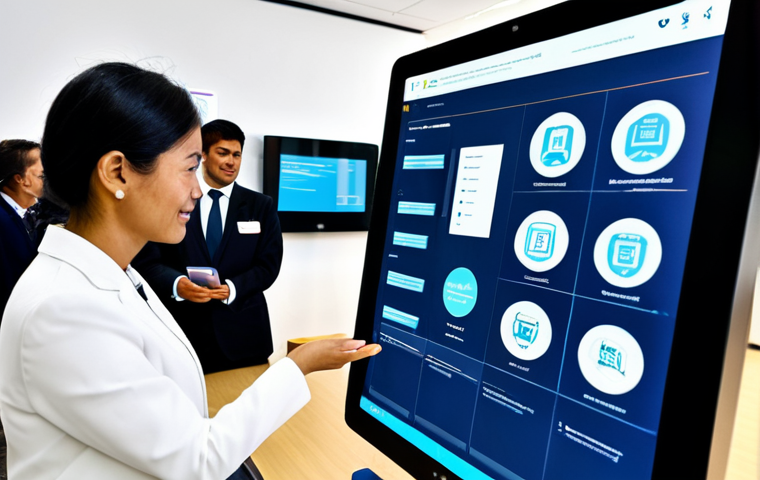 A diverse group of professional public servants, fully clothed in appropriate business attire, collaborating in a modern, brightly lit government service center. One official is demonstrating a user-friendly digital platform on a large screen to a citizen, showcasing transparency and efficient service delivery. Other officials are engaged in discussions, reviewing data on tablets, and interacting respectfully with citizens, creating an atmosphere of accessibility and innovation. The setting highlights a citizen-centric approach to public administration. perfect anatomy, correct proportions, natural pose, well-formed hands, proper finger count, natural body proportions, professional photography, high quality, safe for work, appropriate content, fully clothed, professional.