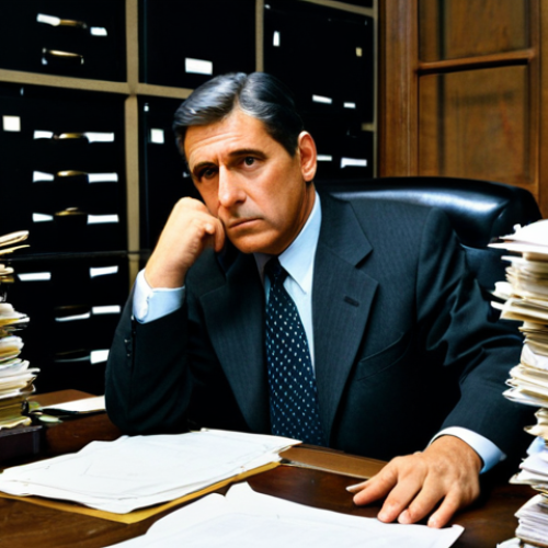 Home 20 A traditional public servant in a modest, formal, slightly outdated business suit, seated at a heavy, cluttered wooden desk in a dimly lit, old-fashioned office. Piles of paper documents and binders are stacked around, an old computer monitor is visible. The atmosphere is stagnant and overwhelming, emphasizing bureaucracy and slow processes. The scene conveys rigidity and resistance to change. The individual has a neutral, focused expression. fully clothed, appropriate attire, modest clothing, safe for work, appropriate content, professional dress, perfect anatomy, correct proportions, natural pose, well-formed hands, proper finger count, natural body proportions, professional photography, high resolution, detailed, realistic.