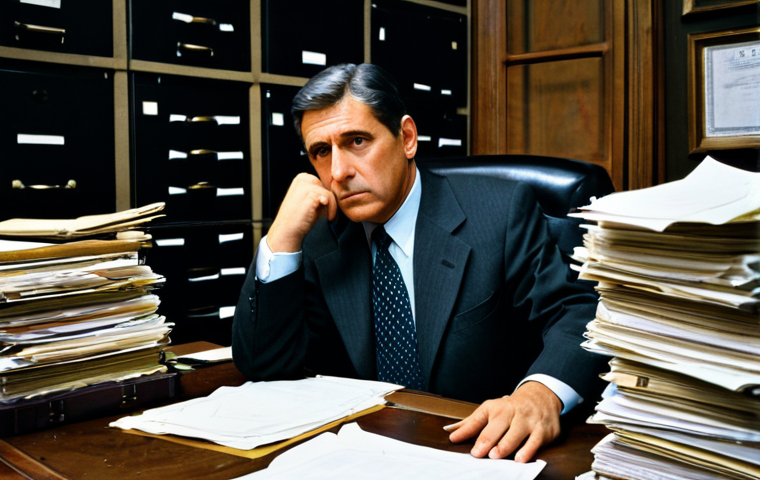 A traditional public servant in a modest, formal, slightly outdated business suit, seated at a heavy, cluttered wooden desk in a dimly lit, old-fashioned office. Piles of paper documents and binders are stacked around, an old computer monitor is visible. The atmosphere is stagnant and overwhelming, emphasizing bureaucracy and slow processes. The scene conveys rigidity and resistance to change. The individual has a neutral, focused expression. fully clothed, appropriate attire, modest clothing, safe for work, appropriate content, professional dress, perfect anatomy, correct proportions, natural pose, well-formed hands, proper finger count, natural body proportions, professional photography, high resolution, detailed, realistic.