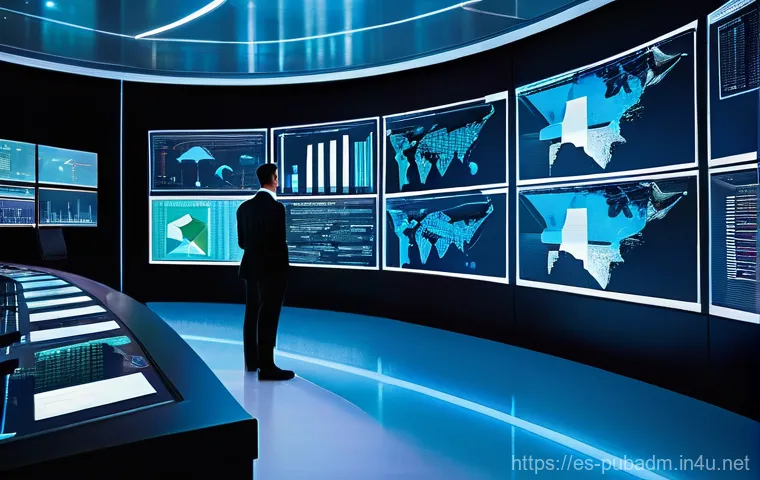 공공부문 연구 방법론 - **Prompt:** A futuristic, bright government operations center. Diverse data analysts and policy make...
