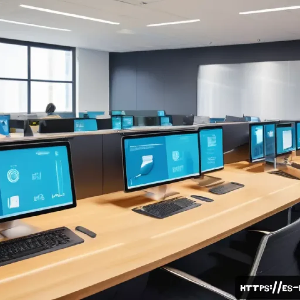공공부문 경영 혁신 - A modern government office environment showing diverse public employees using multiple digital devic...