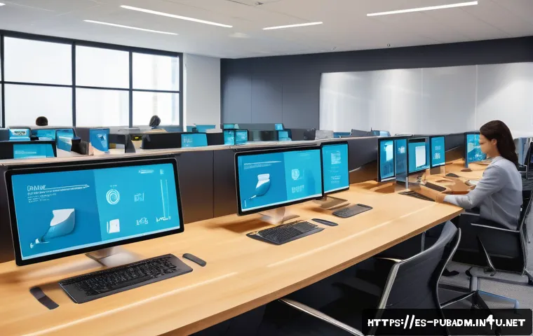 공공부문 경영 혁신 - A modern government office environment showing diverse public employees using multiple digital devic...