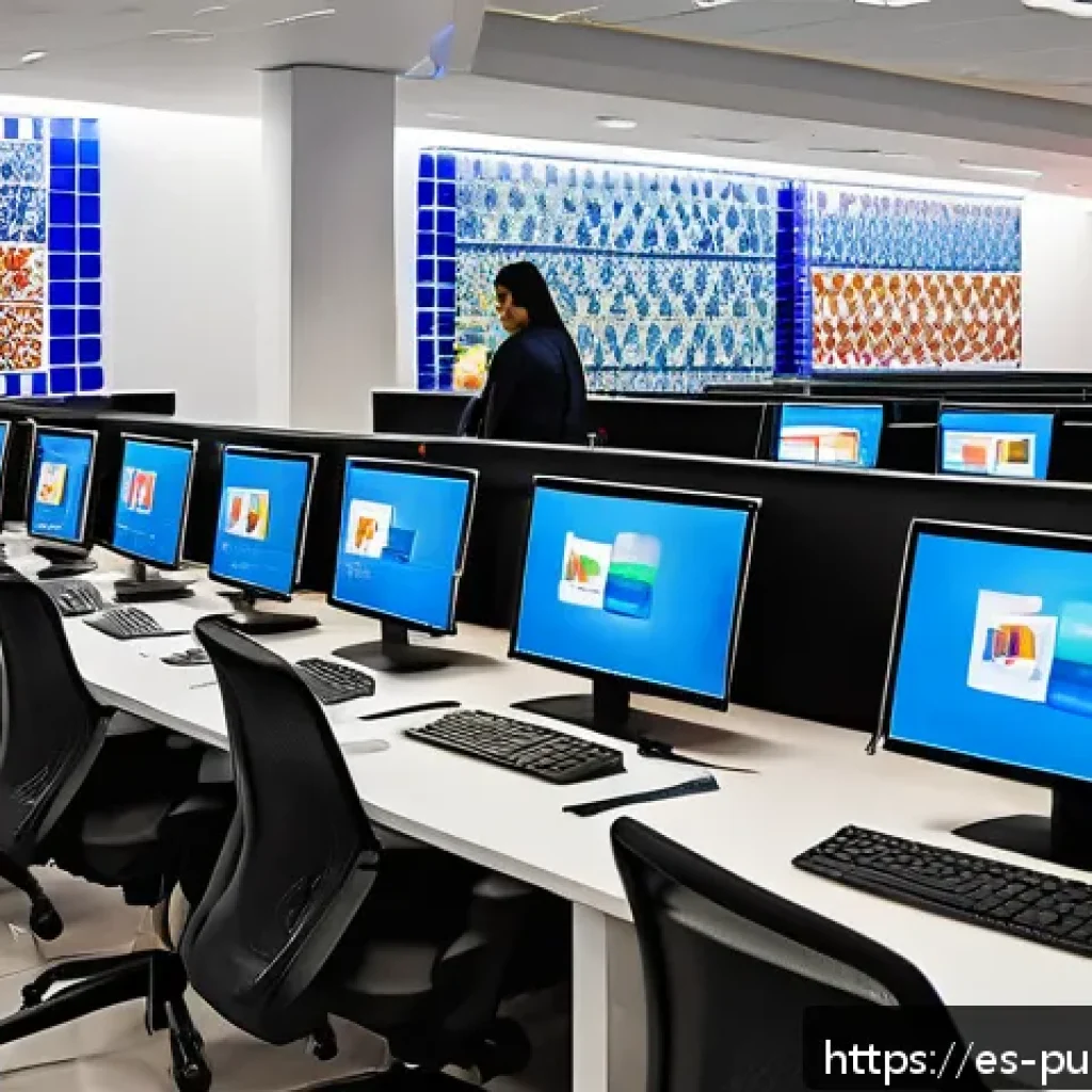 정부 행정 효율성 - A modern government office scene in Mexico City featuring a diverse group of public servants using a...
