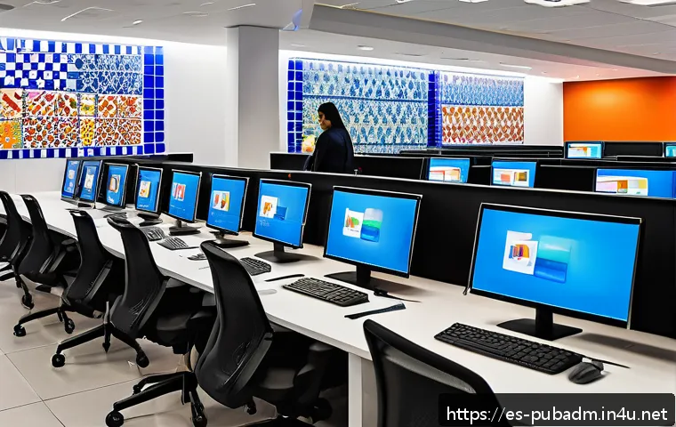 정부 행정 효율성 - A modern government office scene in Mexico City featuring a diverse group of public servants using a...