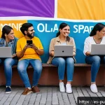 비영리 조직과 공공행정 - A vibrant digital community forum scene in a Latin American urban setting, featuring diverse citizen...