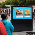 공공 행정과 윤리 - A vibrant public forum scene in a Spanish-speaking Latin American city, featuring diverse citizens o...