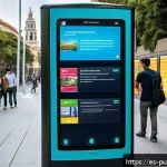 행정개혁과 정부 개혁 - A modern digital government service center in a vibrant Latin American city, featuring a diverse gro...