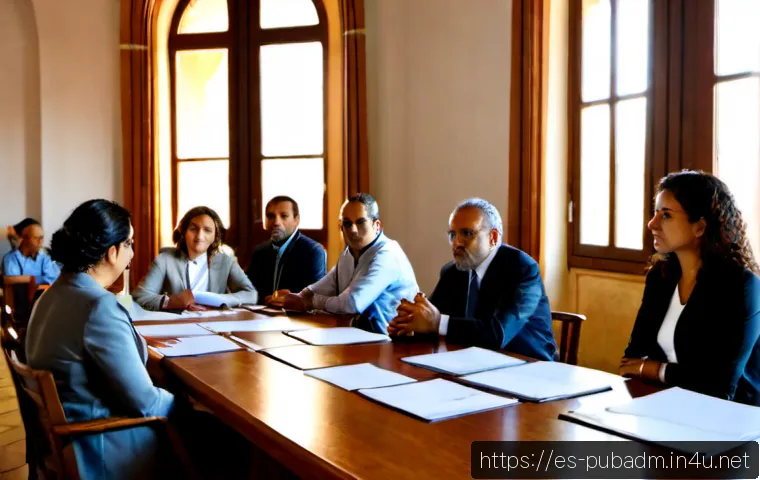 행정법과 정책 결정 - Photorealistic municipal policy meeting in a bright Spanish city hall, diverse public administrators...