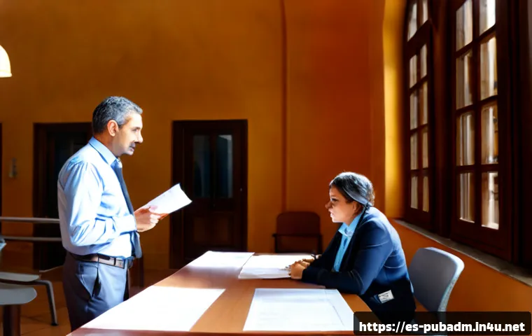 행정의 질적 평가 - Photorealistic municipal service quality evaluation in a bright modern Spanish town hall, diverse ad...